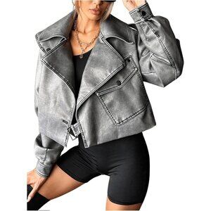 Women's Leather Jacket Grey  Long Sleeve Jacket Outerwear Lapel Collar